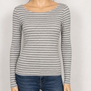 Gap Womens Top Gray White Striped Ribbed Scoop Neck Long Sleeve XS